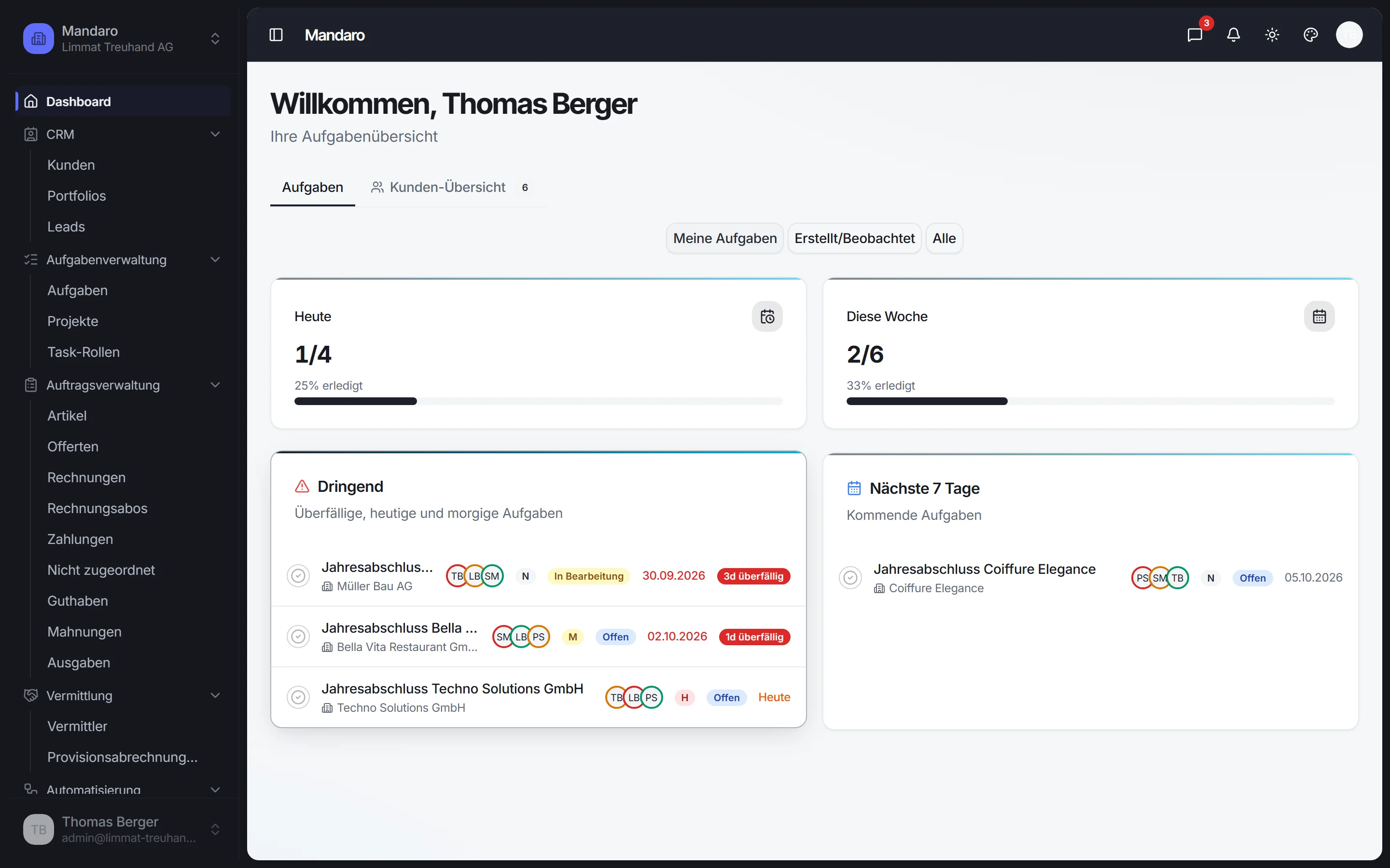 Mandaro Dashboard mit Aufgaben, Fristen und Kunden-Übersicht