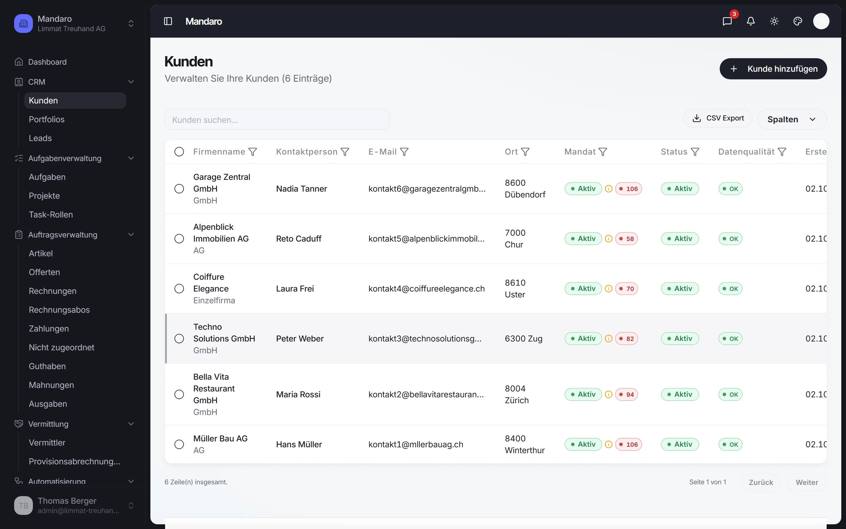 Kundenliste in Mandaro mit Mandat, Status und Datenqualität