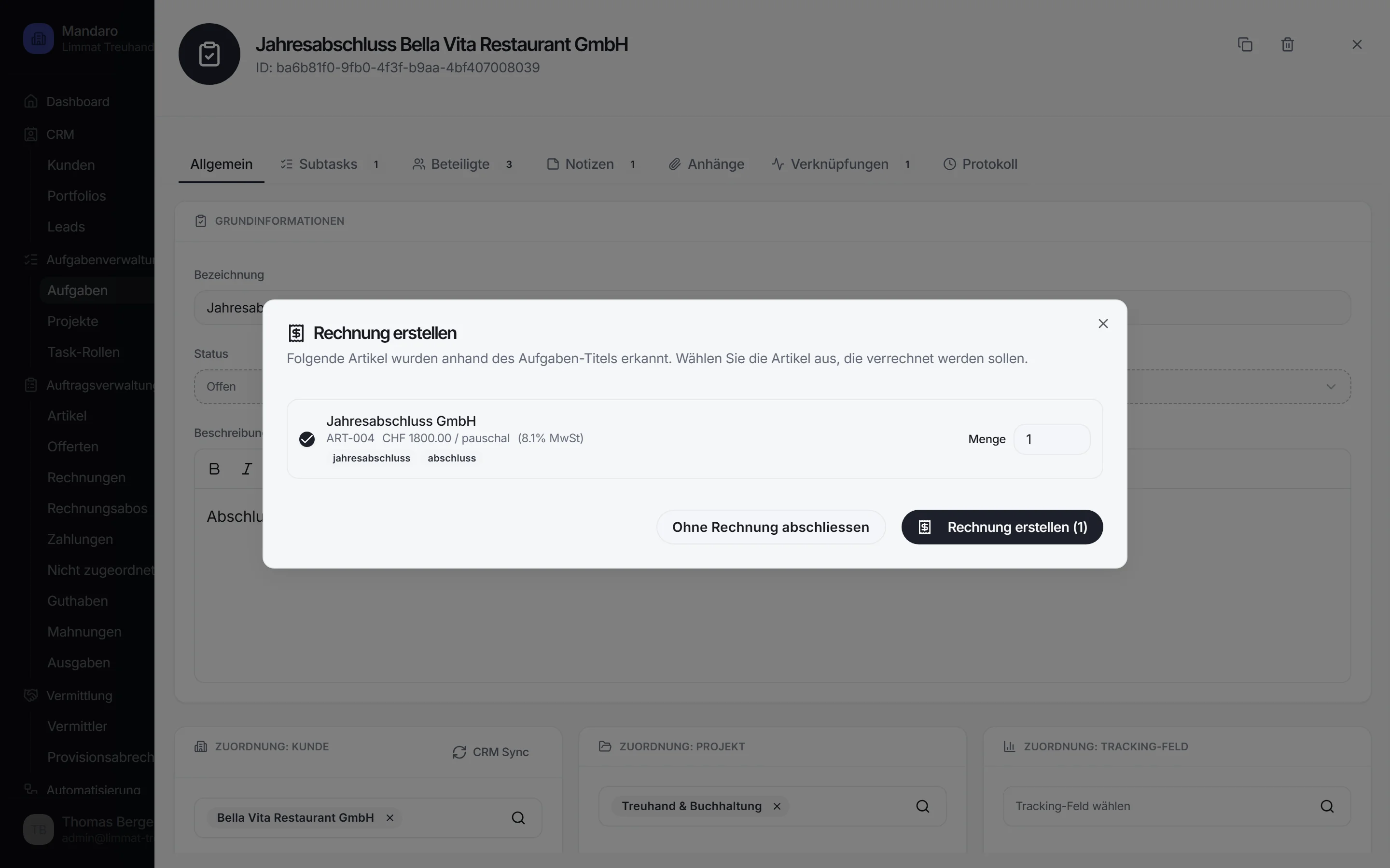 Mandaro erkennt passende Artikel zur Aufgabe und schlägt die Verrechnung vor